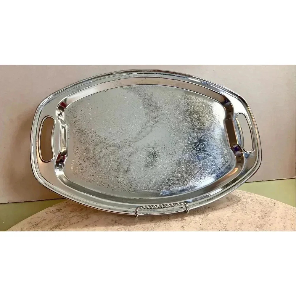 Anderson Silver Vintage Embossed Damask Oval Serving Tray Decor Mid‎ Century